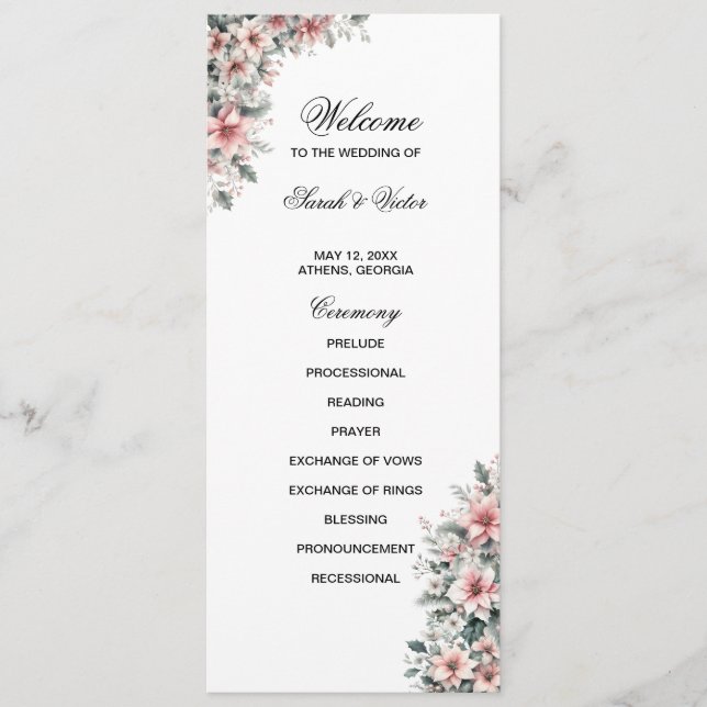 Rosa Poinsettia dubbla-programkort Program (Framsida)