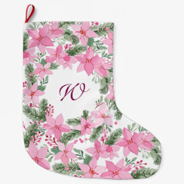 Rosa Poinsettia jul Initial Monogram Stor Julstrumpa