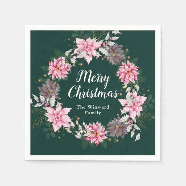 Rosa Poinsettia Krans God Jul Pappersservett (Framsidan)
