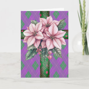 Rosa Poinsettia Lila Plade Grönt Kor Ribbon Kort