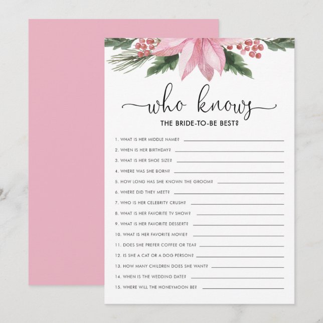 Rosa Poinsettia som känner Bride Möhippa Game Inbjudningar (Fram/baksida)