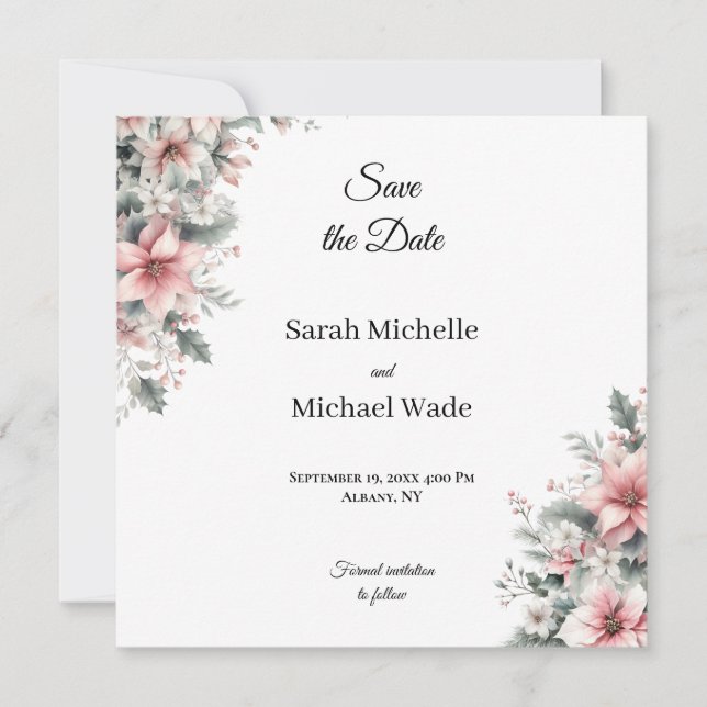 Rosa Poinsettia Spara datumet Inbjudan (Framsida)