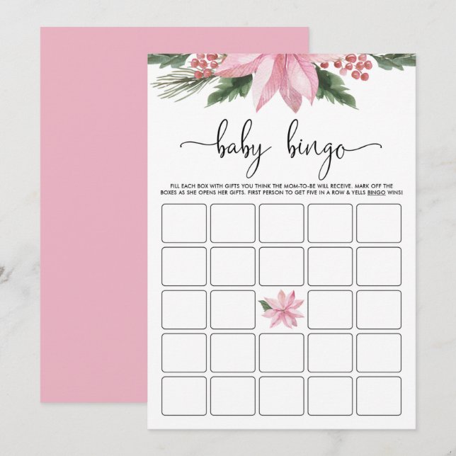 Rosa Poinsettia Winter Baby Shower Bingo Game Inbjudningar (Fram/baksida)