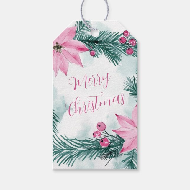 Rosa Poinsettias Blommigt jul Presentetikett (Framsidan)