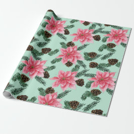 Rosa Poinsettias och Pinecone Wrapping Papper Presentpapper