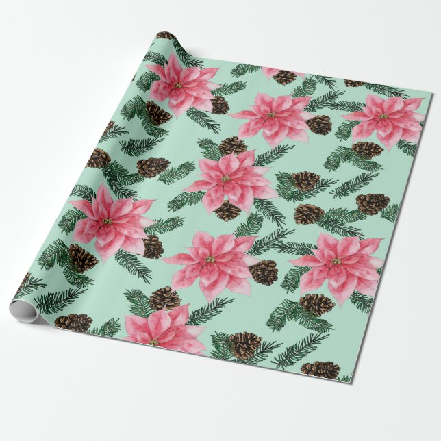 Rosa Poinsettias och Pinecone Wrapping Papper Presentpapper (Utrullad)