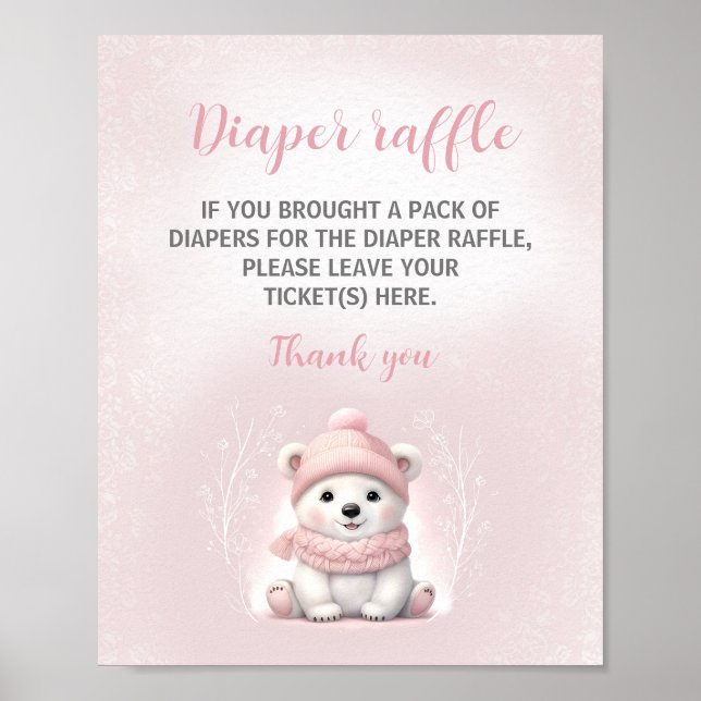 Rosa Polar Bear Baby Shower Diaper Raffle Sign Poster (Framsidan)