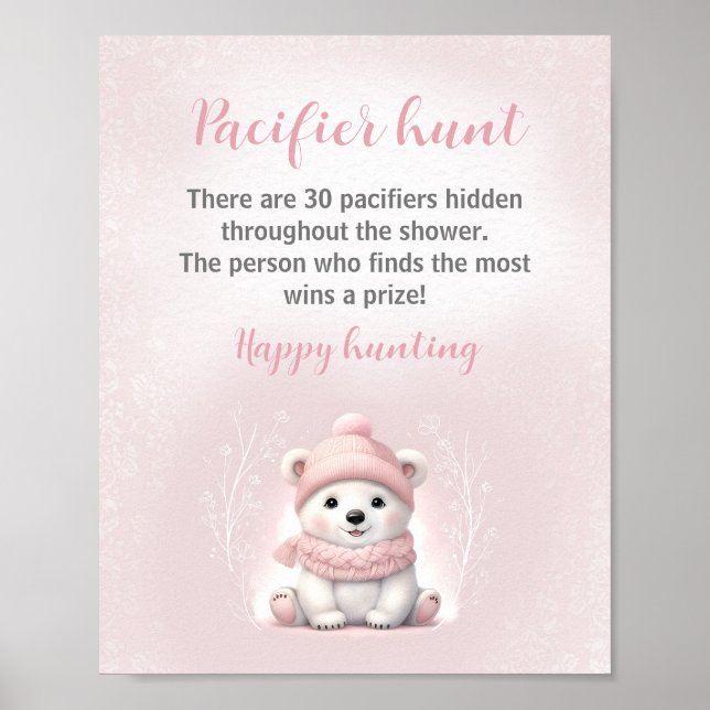 Rosa Polar Bear Baby Shower Nappar Hunt Game Poster (Framsidan)
