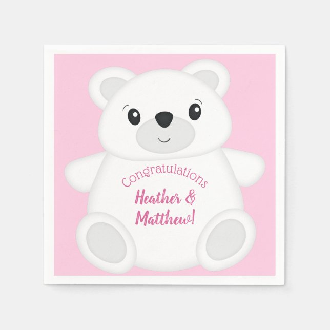 Rosa Polar Bear Baby Shower Pappersservett (Framsidan)