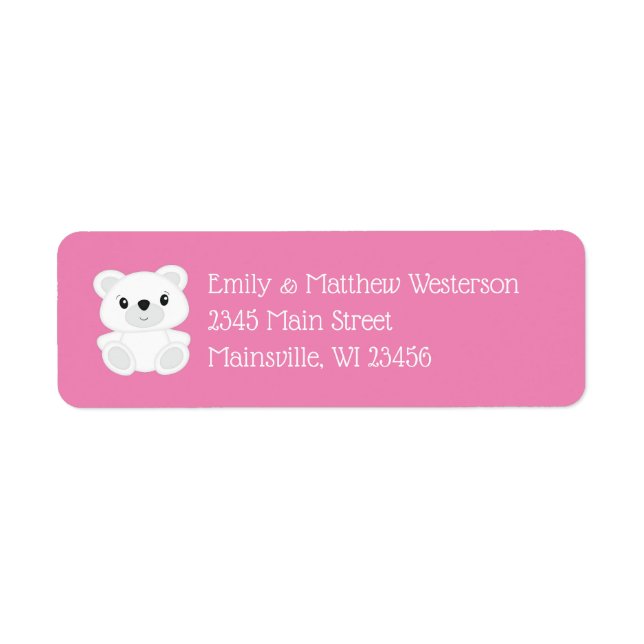 Rosa Polar Bear Baby Shower Returadress Etikett (Framsidan)