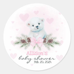 Rosa Polar Bear Unge Girl Hearts Winter Baby Showe Runt Klistermärke