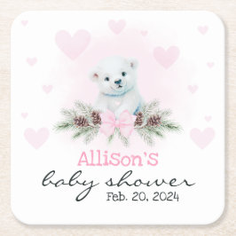 Rosa Polar Bear Unge Girl Hearts Winter Baby Showe Underlägg Papper Kvadrat