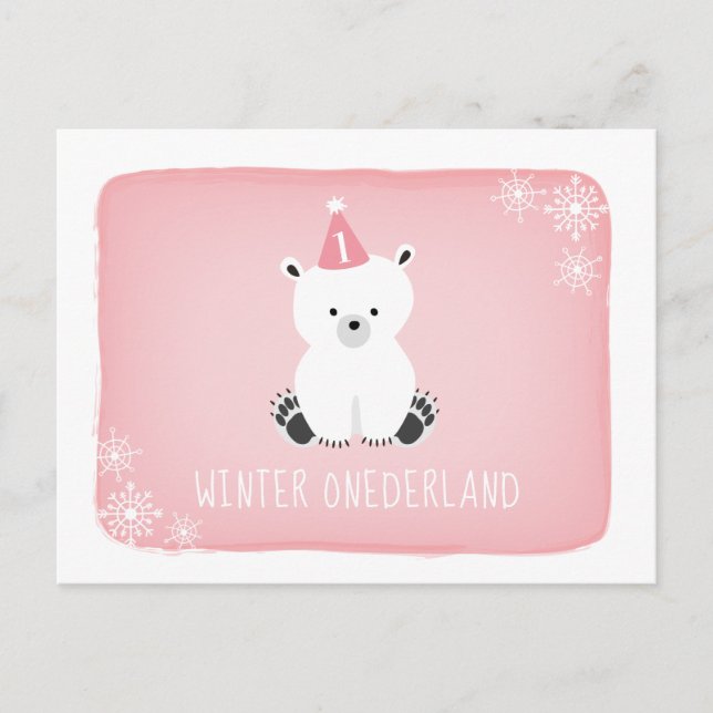 Rosa Polar Bear Winter Onederland Första födelseda Inbjudan Vykort (Framsida)
