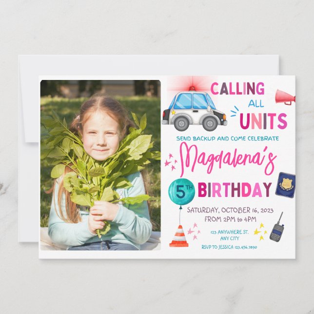 Rosa Polisflicka Födelsedagsfest Inbjudningar (Framsida)