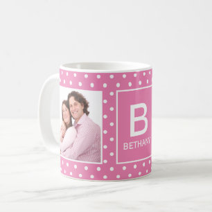 Rosa Polka Dot Anpassningsbar Photo Monogram Coffe Kaffemugg