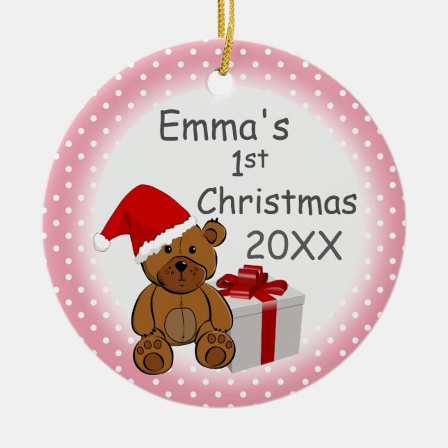 Rosa Polka Dot Baby Första jul-Anpassningsbarna år Julgransprydnad Keramik (Framsidan)