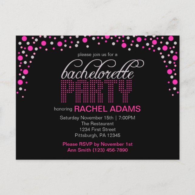 Rosa Polka Dot Bachelorette Party Postcard Inbjuda Inbjudan Vykort (Framsida)