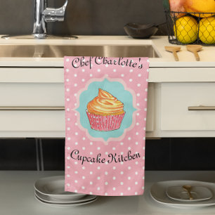 Rosa Polka Dot Cuptårta Kitchen Personlig Kökshandduk