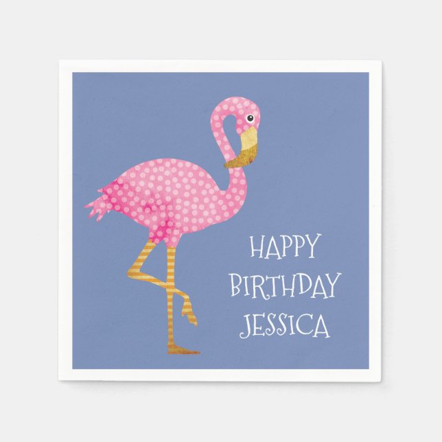 Rosa Polka Dot Flamingo Birthday Pappersservett (Framsidan)