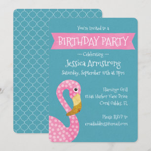 Rosa Polka Dot Flamingo födelsedag Inbjudningar