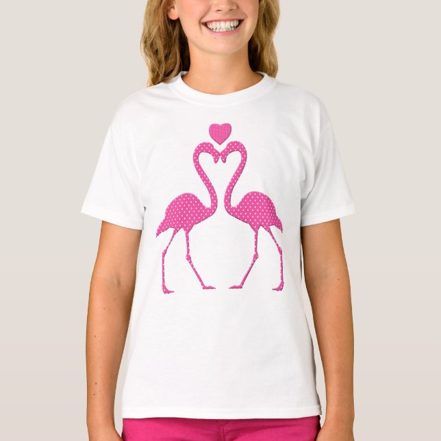 Rosa Polka Dot Flamingo Valentindagen Kid Shirt T (Framsida)