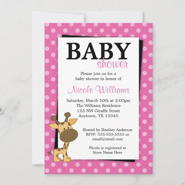Rosa Polka Dot Giraffe Baby Shower-inbjudningar Inbjudningar (Framsida)