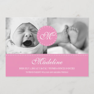 Rosa Polka Dot med Monogram Birth Notice Meddelande