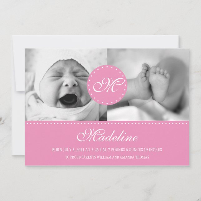 Rosa Polka Dot med Monogram Birth Notice Meddelande (Framsida)