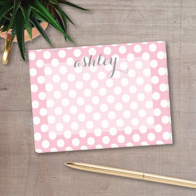 Rosa Polka Dot Mönster med Grått Script Namn Post-it Block (Personalized post-it notes with a monogram and contact information - low quantity available)