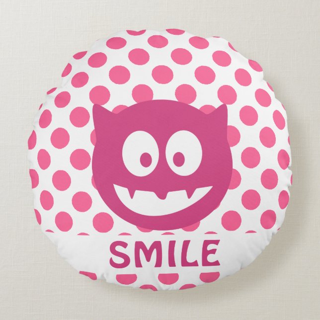 Rosa Polka Dot Monster SMILE Rund Kudde (Framsidan)