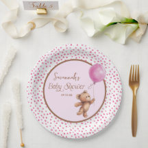 Rosa Polka Dot Nalle Baby Shower Papper Platt