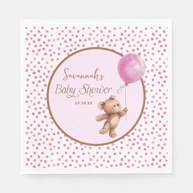 Rosa Polka Dot Nalle Balloon Baby Shower Pappersservett (Framsidan)