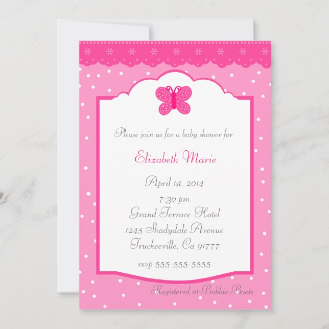 Rosa Polka Dot och Butterfly Whimsical Baby Shower Inbjudningar (Framsida)