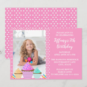Rosa Polka Dot Photo Birthday-inbjudan Inbjudningar