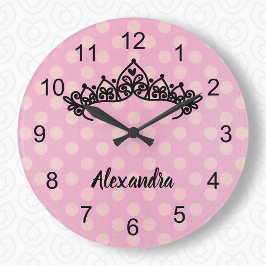 Rosa Polka Dot Princess Tiara Wall Clock Stor Klocka
