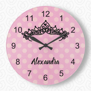 Rosa Polka Dot Princess Tiara Wall Clock Stor Klocka