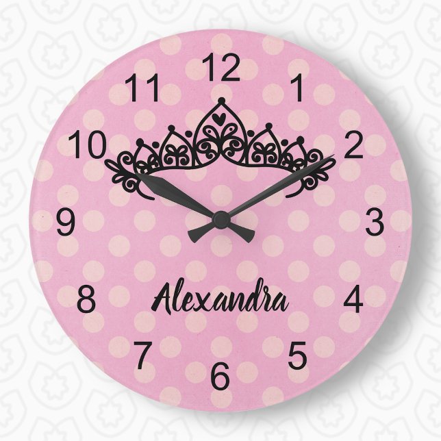 Rosa Polka Dot Princess Tiara Wall Clock Stor Klocka (Skapare uppladdad)