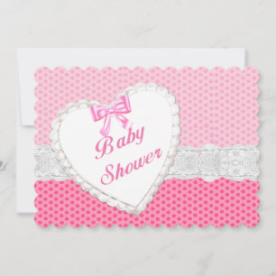 Rosa Polka Dot Snöre Heart Baby Shower-inbjudan Inbjudningar