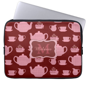 Rosa Polka Dot Tea Set Burgundy Personlig Laptop Fodral