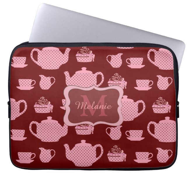 Rosa Polka Dot Tea Set Burgundy Personlig Laptop Fodral (Framsidan)