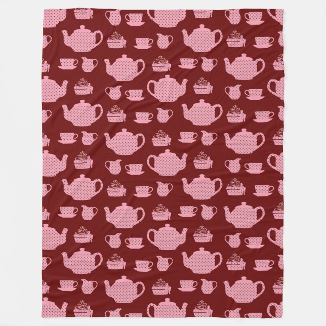 Rosa Polka Dot Tea Set on Burgundy Mönster Fleecefilt (Framsidan)