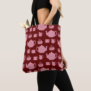 Rosa Polka Dot Tea Set on Burgundy Mönster Tygkasse