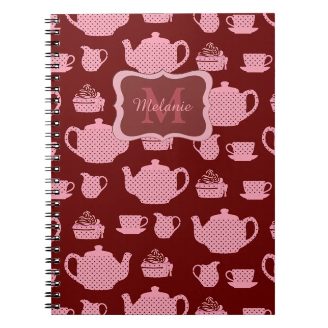 Rosa Polka Dot Tea Set on Burgundy Personlig Anteckningsbok (Framsidan)