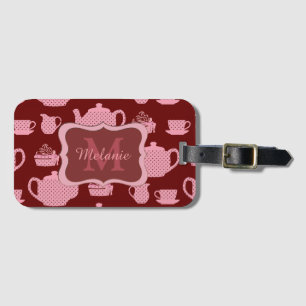 Rosa Polka Dot Tea Set on Burgundy Personlig Bagagebricka