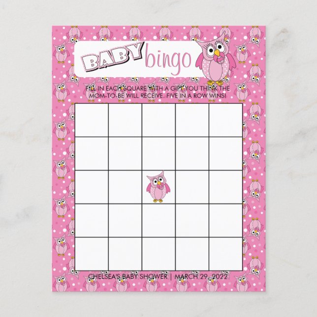 Rosa Polka Dot Uggla Baby Shower Theme Bingo Game Flygblad (Framsidan)