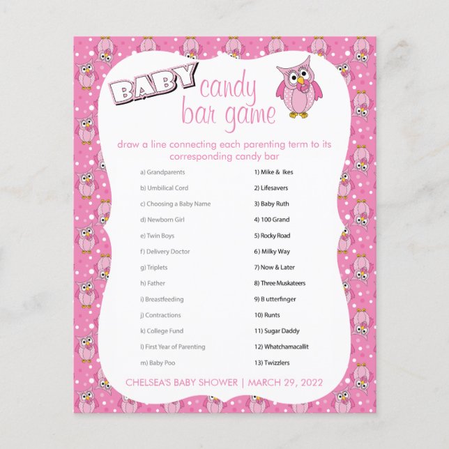 Rosa Polka Dot Uggla Baby Shower Theme Candy Pub Flygblad (Framsidan)