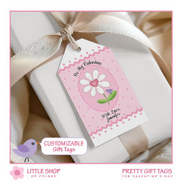Rosa Polka Dot White-Daisy är min Valentine Presentetikett
