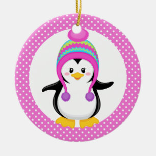 Rosa Polka Dot Winter Penguin Girl Julgransprydnad Keramik