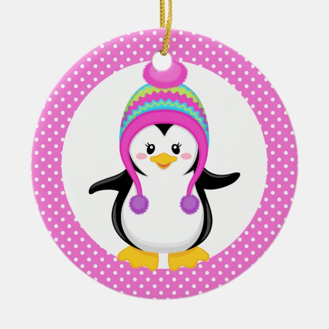 Rosa Polka Dot Winter Penguin Girl Julgransprydnad Keramik (Framsidan)