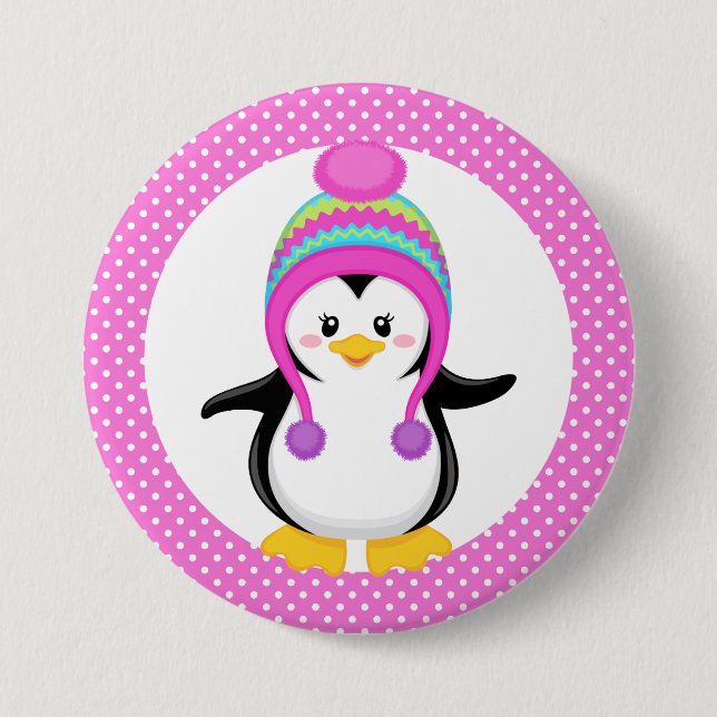 Rosa Polka Dot Winter Penguin Girl Knapp (Framsida)